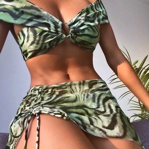 Green Tiger Stripe Print Three Piece Bikini Swimsuit Set Cover Up Skirt